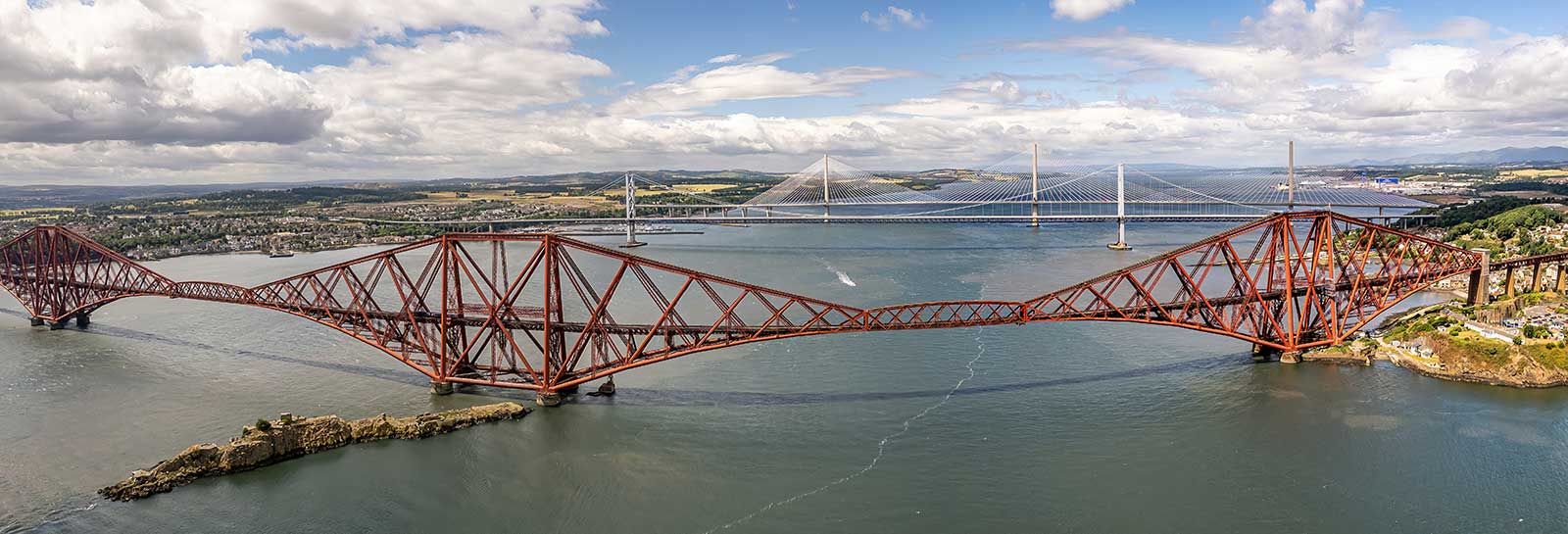 Aerial view of Forth bridges and Queensferry Crossing banner image